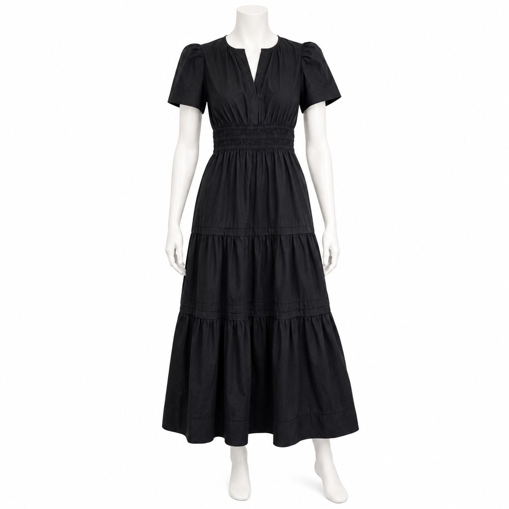 NEW Quince Organic Cotton Poplin Tiered Maxi Dress Women's Large Black Smocked